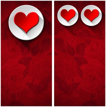 Stylized red hearts with white circle on red floral velvet background with shadows - Backgrounds for wedding invitation