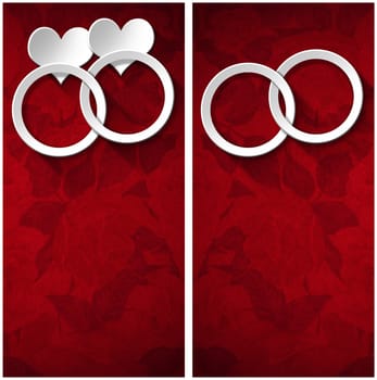 Two stylized white hearts and two wedding rings on red floral velvet background with shadows - Backgrounds for wedding invitation