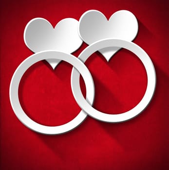 Two stylized white hearts and two wedding rings on red velvet background with shadows
