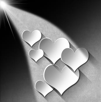 Many stylized white hearts on gray velvet background with shadows