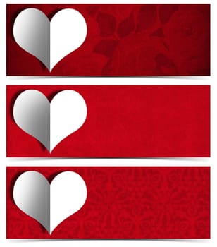 Set of three romantic banners or headers with stylized heart in white paper on red velvet background
