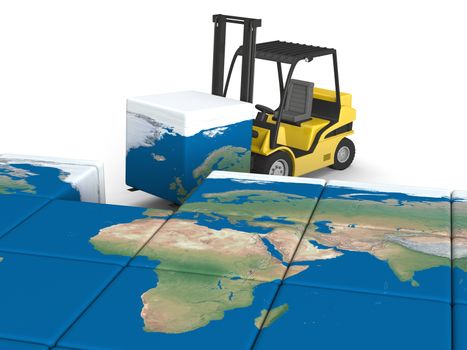 Concept of global transportation, modern yellow forklift carrying piece of global map, isolated on white background. Elements of this image furnished by NASA.