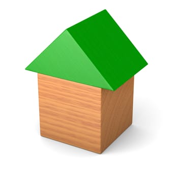 House with green roof made of wooden cubes isolated on white background