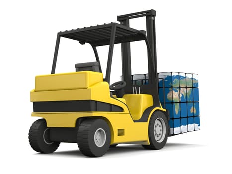 Concept of global transportation, modern yellow forklift carrying planet Earth in form of cube, isolated on white background. Elements of this image furnished by NASA.