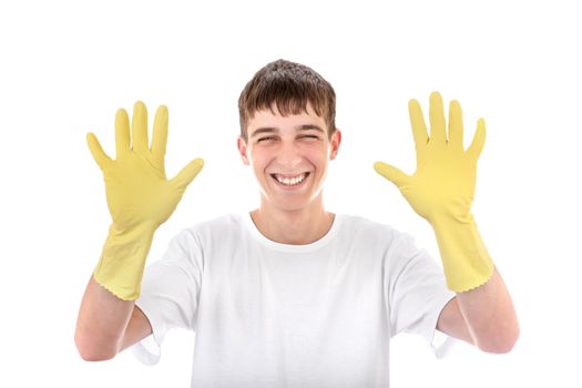 Happy Teenager in Yellow Rubber Gloves Isolated On The White Background