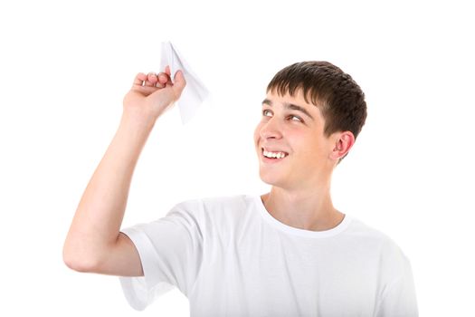 Happy Teenager with Paper Plane Isolated on the White Background