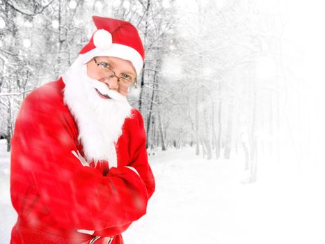 Happy Santa Claus in the Winter Forest