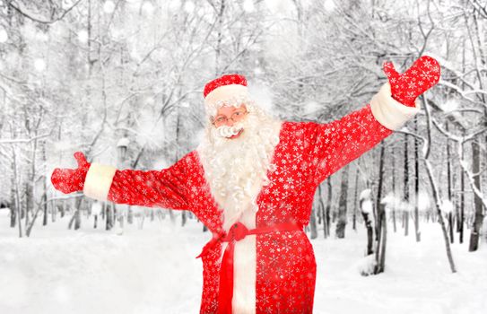 Happy Santa Claus in the Winter Forest