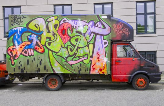  Automobile van ornamented by graffiti. Taken in Copenhagen, Denmark.