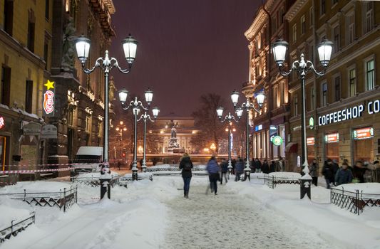 St Petersburg, Russia - Desember 10, 2010. Night view the street of the St.Petersburg in winter time.