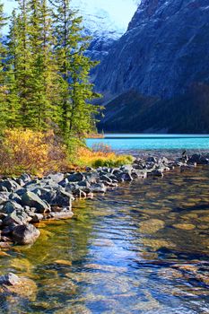 Shoreline of Cavell Lake in Jasper National Park Canada.