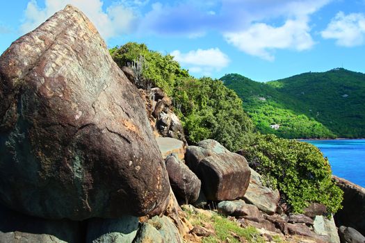 Boulders along the coast of Shark Bay National Park in the British Virgin Islands.