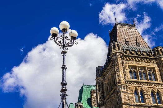 A lamp in beside the Parliament building on Parliament hill in Ottawa, Ontario, Canadastructure; street light; sky; parliament hill