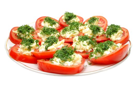 Tomatoes with Mayonnaise and Chopped Parsley on Plate Dish Isolated on White