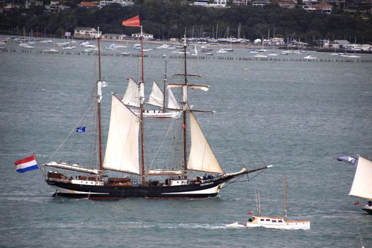 AUCKLAND-October 25: Tall ship Tecla of the Netherlands sailing in from Australia arriving in Waitemata Harbour in Auckland, New Zealand on Friday October 25, 2013. 