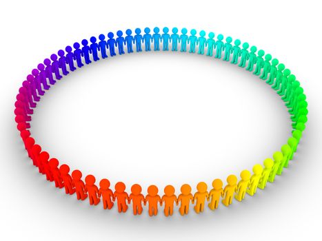 Different colored 3d people standing next to each other to form a big circle