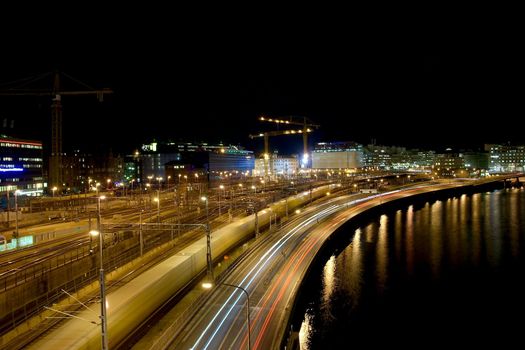 Urban railway station at night