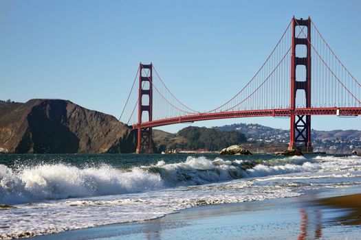 Baker Beach underneath the Golden Gate Bridge in San Francisco. California