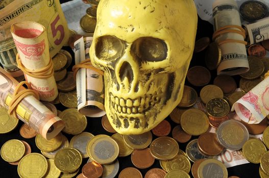 Death and Money Concept Skull and Currency over a Black Background