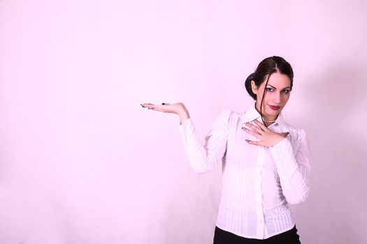 Business concept. Young businesswoman showing empty palm