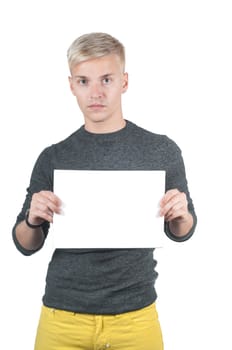 Man with a white board in his hands (copy/space)