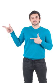Shot of man in blue pointing with his fingers