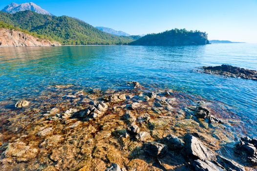 beautiful seascape, the bay and the green mountains