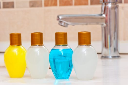 hygienic set of body care products in the bathroom