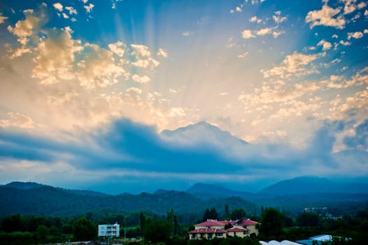 beautiful sunset in shades of blue on a high mountain