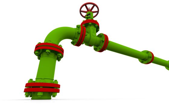 Green pipe and valve. Isolated render on a white background