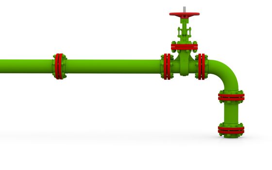 Green pipe and valve. Isolated render on a white background