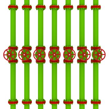Green pipes and valves. Isolated render on a white background