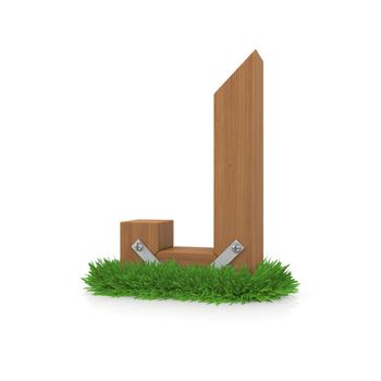 Wooden letter J in the grass. Isolated render with reflection on white background. bio concept