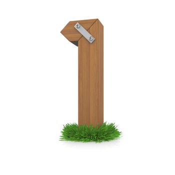 Wooden number one in the grass. Isolated render with reflection on white background. bio concept