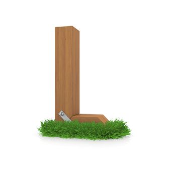 Wooden letter L in the grass. Isolated render with reflection on white background. bio concept