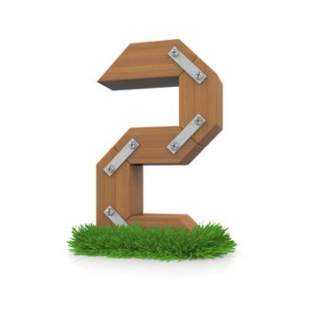 Wooden number two in the grass. Isolated render with reflection on white background. bio concept