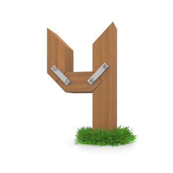 Wooden number four in the grass. Isolated render with reflection on white background. bio concept