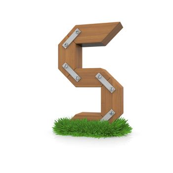 Wooden letter S in the grass. Isolated render with reflection on white background. bio concept
