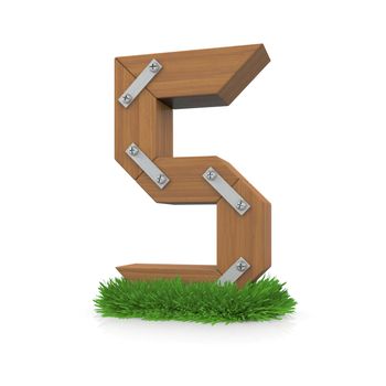 Wooden number five in the grass. Isolated render with reflection on white background. bio concept