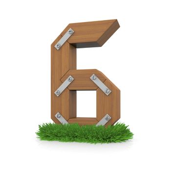 Wooden number six in the grass. Isolated render with reflection on white background. bio concept