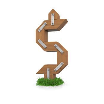 Wooden dollar sign in the grass. Isolated render with reflection on white background. bio concept