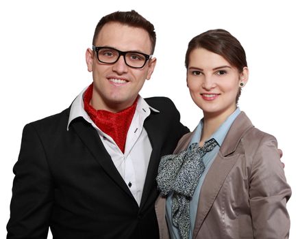 Portrait of a young happy couple isolated against a white background