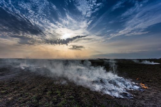 smoke over the field at the sunset