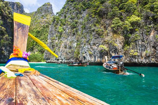 Boats at sea against the rocks in Thailand. Phi Phi Island