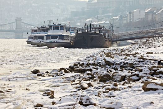 Ice sheets float on the river Danube