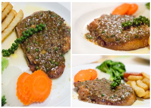 Collage from photographs of  beef  steak with green peppercorn sauce