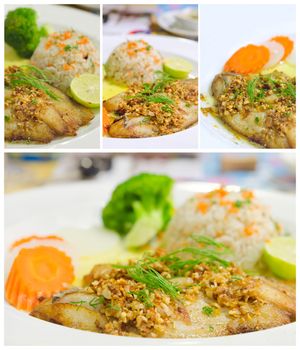 Collage from photographs of roasted fish served with fried rice