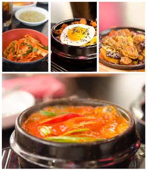 Collage from photographs of korean cuisine  (kimchi chigae, jim dak, bibimbap, kimchi)