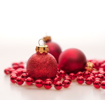 Christmas Background - Red Christmas Baubles With Copyspace - Shallow Depth of Field