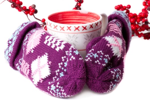 Cozy red gloves hold a mug of hot cocoa